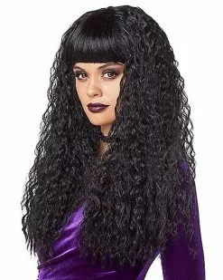Black Crimped Wig With Bangs