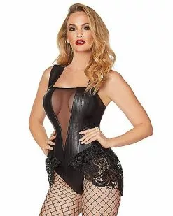 Adult Black Faux Leather And Lace Bodysuit
