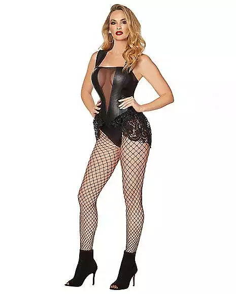 Adult Black Faux Leather And Lace Bodysuit 5 Adult Black Faux Leather And Lace Bodysuit - Image 3