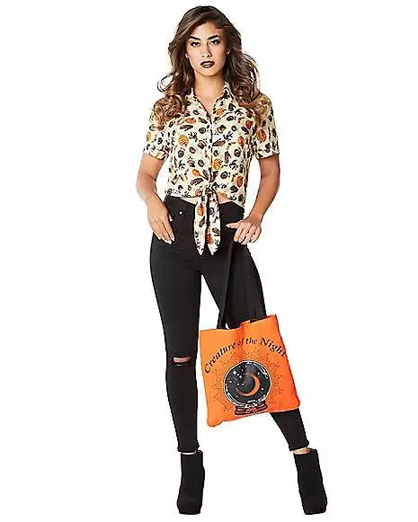 Adult Vintage Halloween Icon Tie Front Shirt And Tote Bag 3 Adult Vintage Halloween Icon Tie Front Shirt And Tote Bag