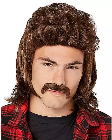 Brown Mullet Wig With Mustache 3 Brown Mullet Wig With Mustache